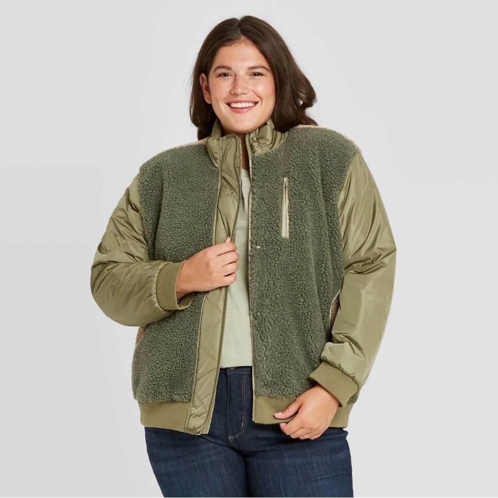 Universal Thread Green and Tan Cozy Bomber Jacket